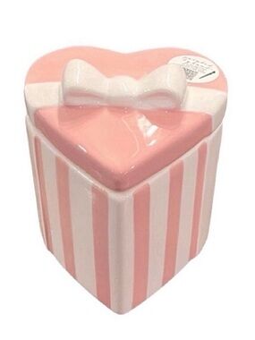 🆕 - Lang- Coquette Hand Painted- Pink and White Heart Shaped Canister with Lid